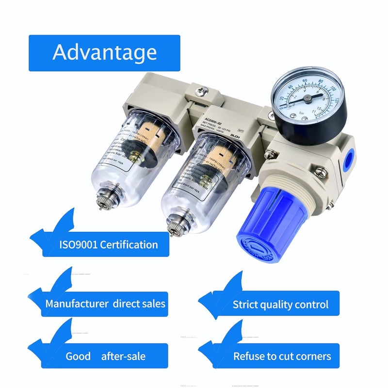BLCH 1/4" NPT Air Compressor Dryer - Double Air Compressor Filter Air Compressor Regulator AC2000-02 Manual Drain Poly Bowl Gauge 0-160 PSI 5μm Brass - Image 5